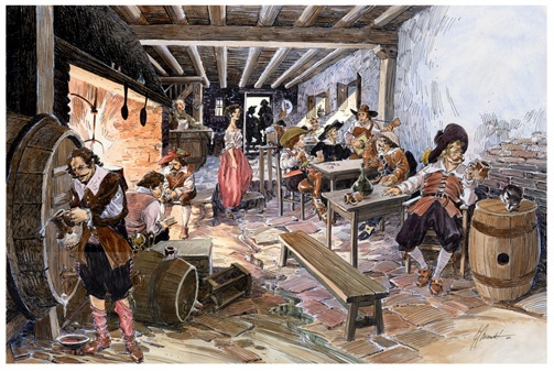 Recreación ilustrada de una taberna en el Siglo de Oro.